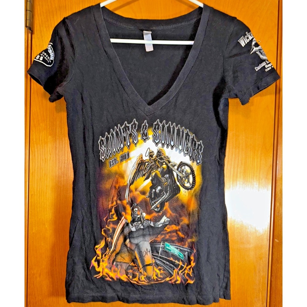 Saints & Sinners MC Memorial Biker Black V Neck Stig Sorensen Shirt Small
